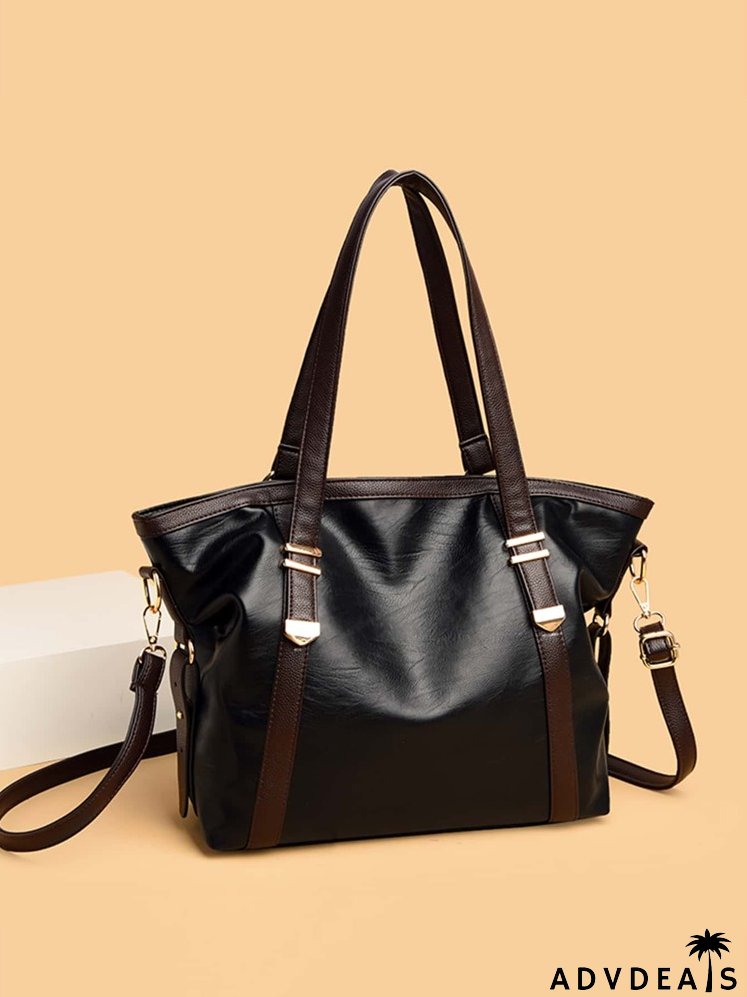 Colorblock Metal Decor Shoulder Tote Bag