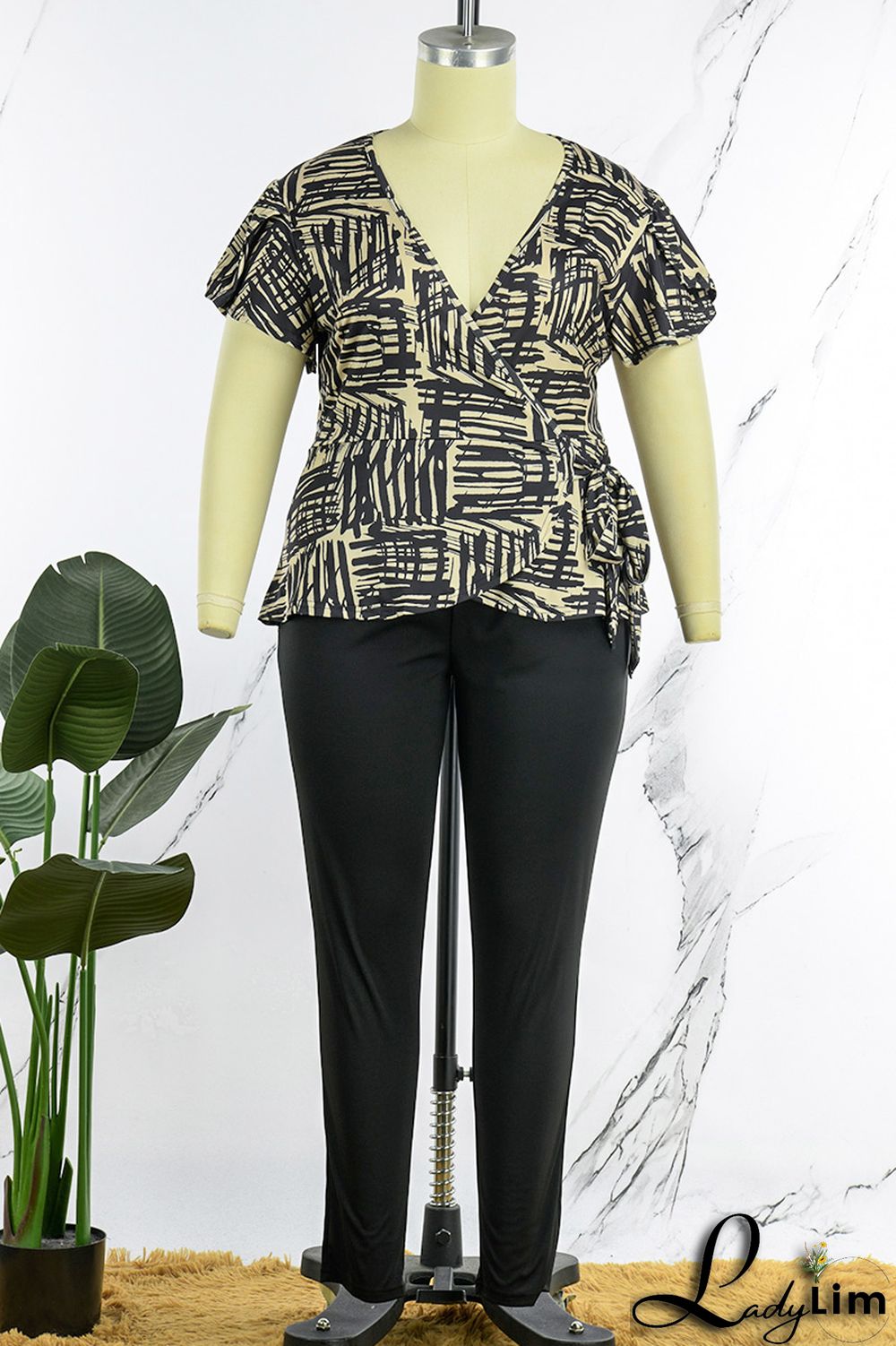 Red Casual Print Bandage Patchwork V Neck Plus Size Two Pieces