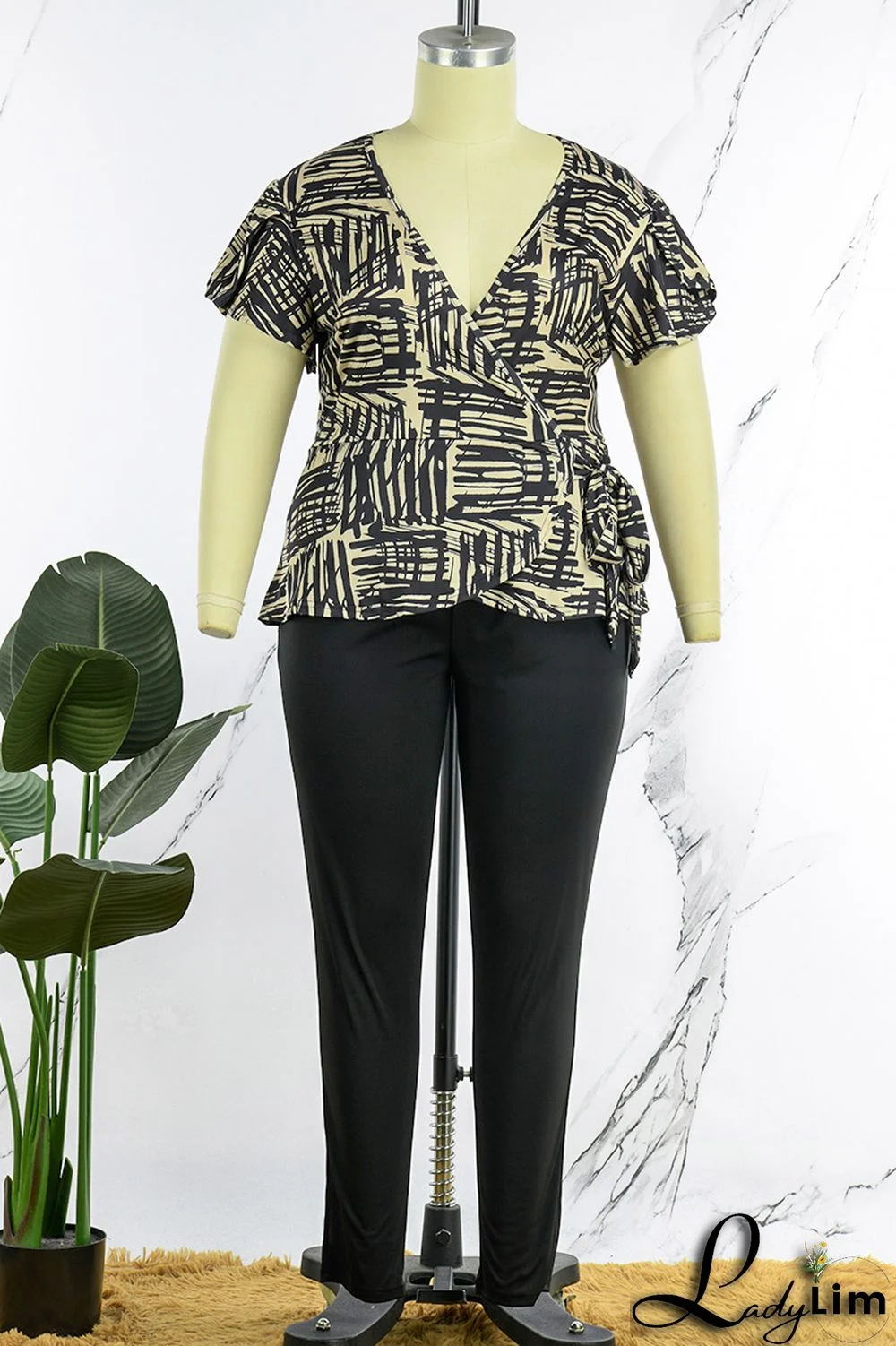 Red Casual Print Bandage Patchwork V Neck Plus Size Two Pieces