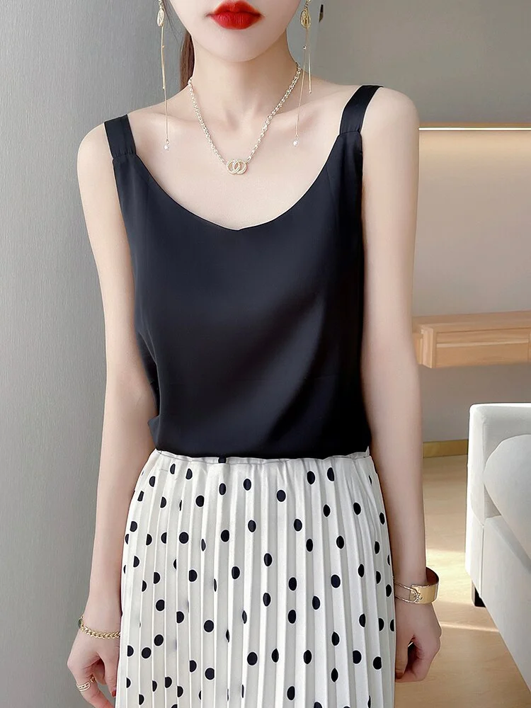 Summer New Women&#39;s Suspender Silk Vest Bottoming Shirt Temperament All-Match Solid Color Outer Wear Wide Shoulder Strap Top