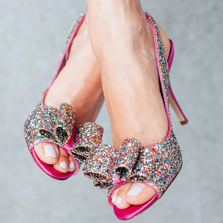 Open Toe Stiletto Heel Slingback Glitter Sandal Bow Shoes Vdcoo