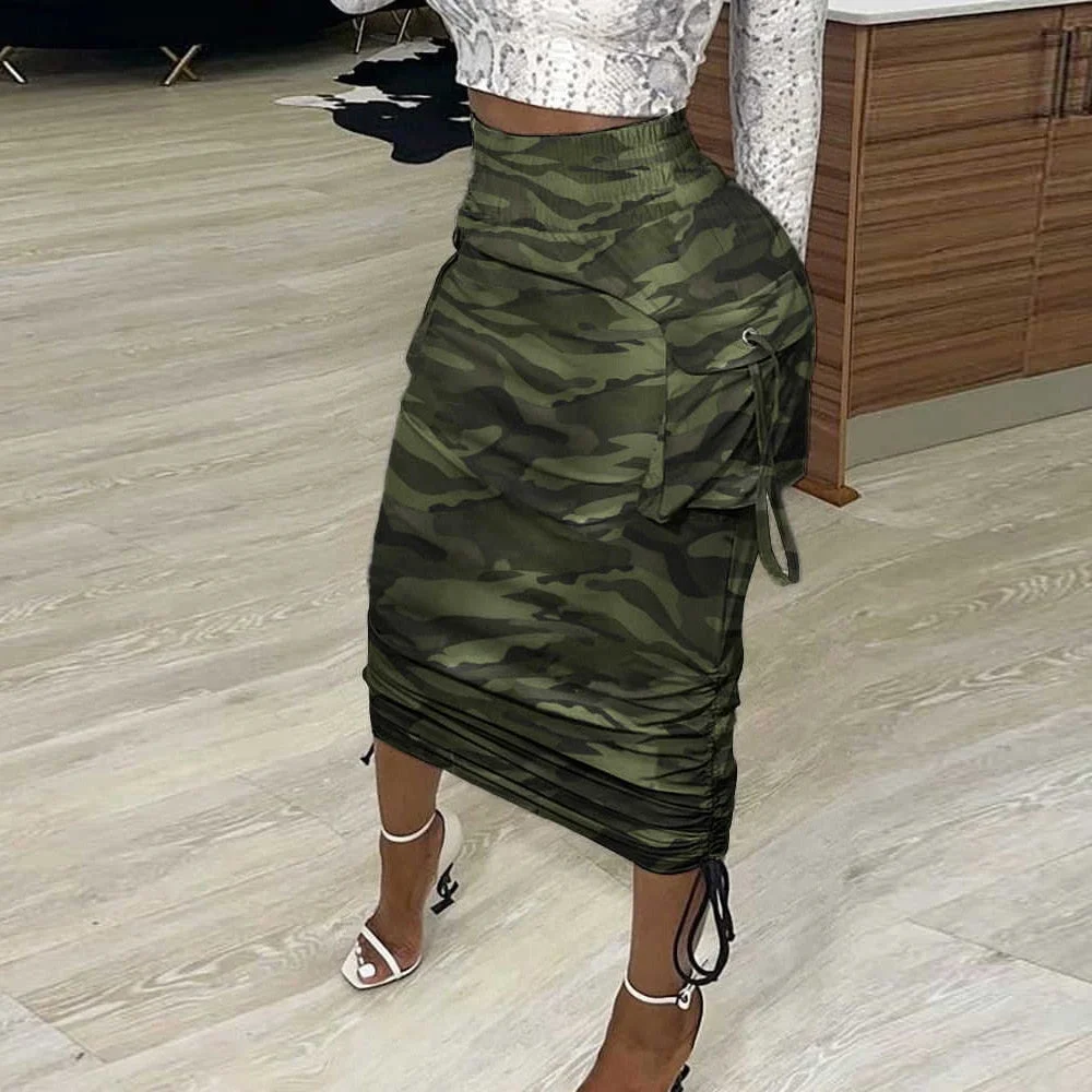 ANJAMANOR Camouflage Newspaper Print Draw String Ruched Long Skirts Women Clothing Fashion 2021 Sexy Pencil Skirts D35-DZ14