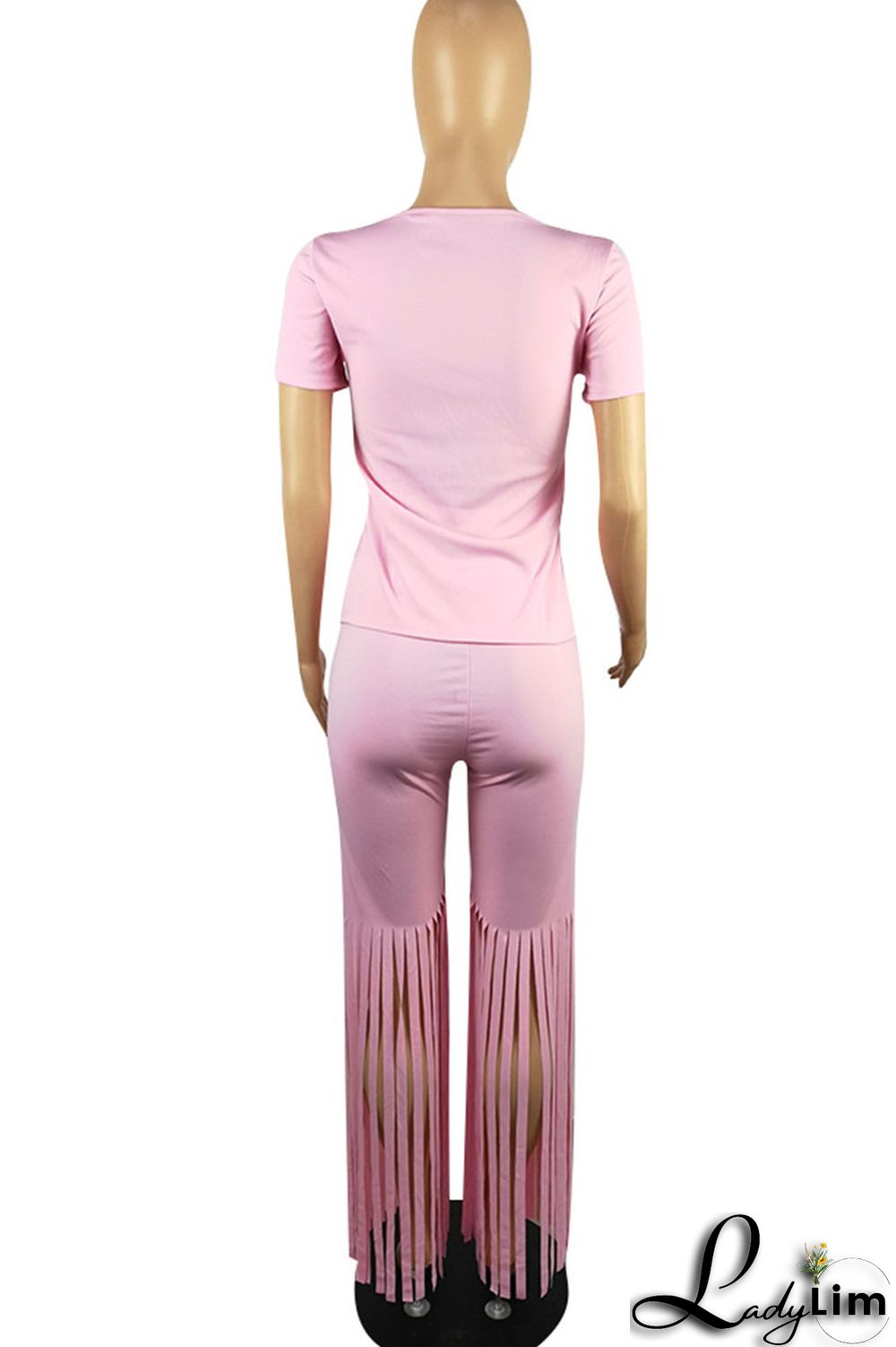 Pink Casual Solid Tassel Split Joint U Neck Short Sleeve Two Pieces