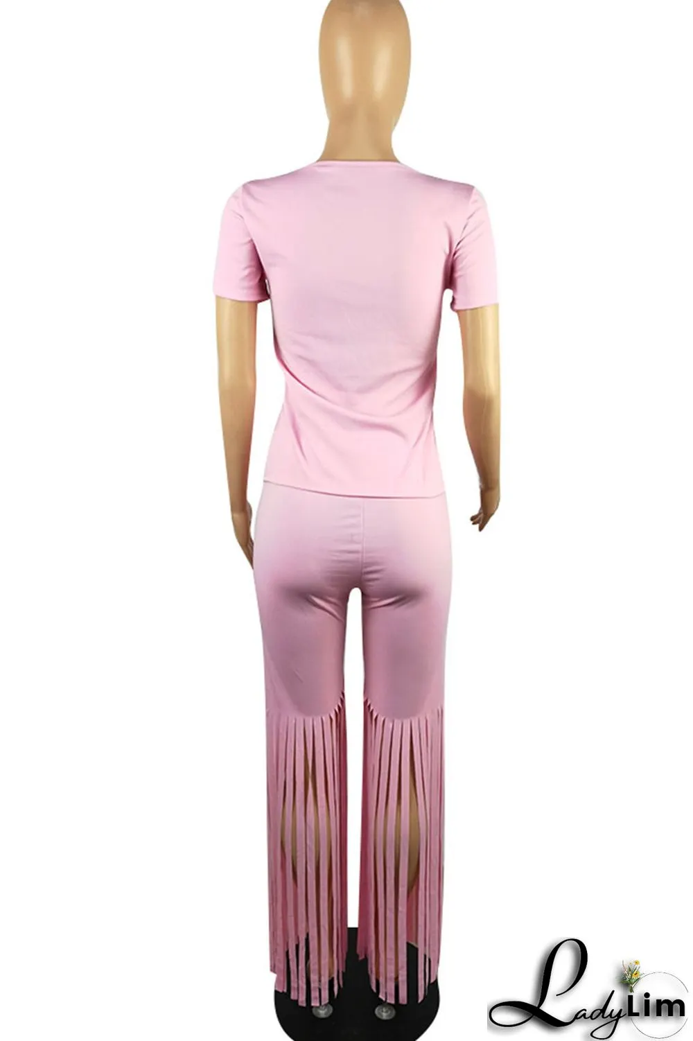 Pink Casual Solid Tassel Split Joint U Neck Short Sleeve Two Pieces