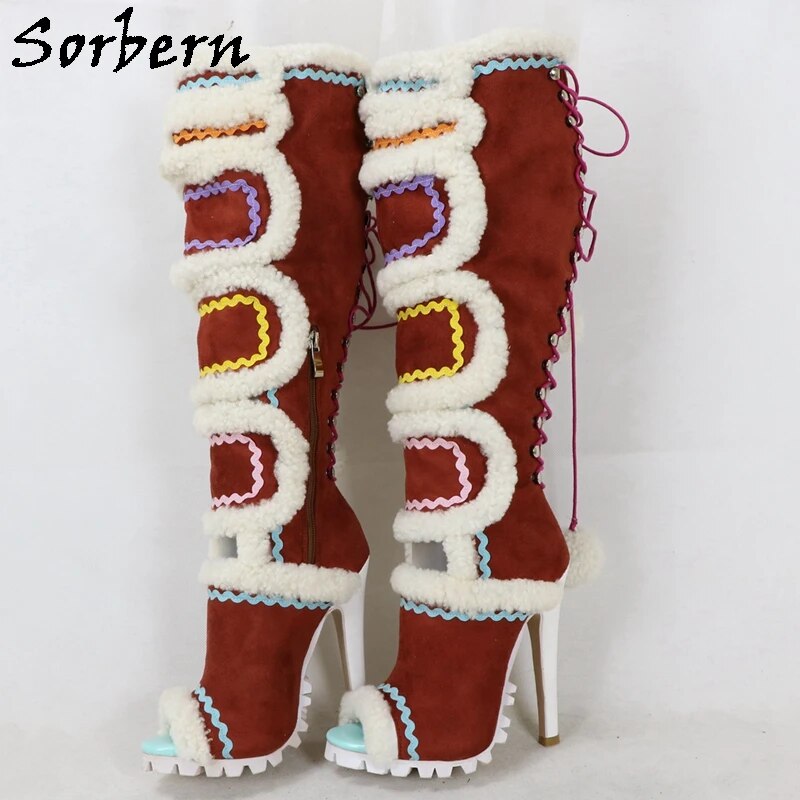 VCSHOES Brown Faux Suede Knee High Boots Fur Open Toe Stilettos High Heel Pop Back Custom Leg Measurement