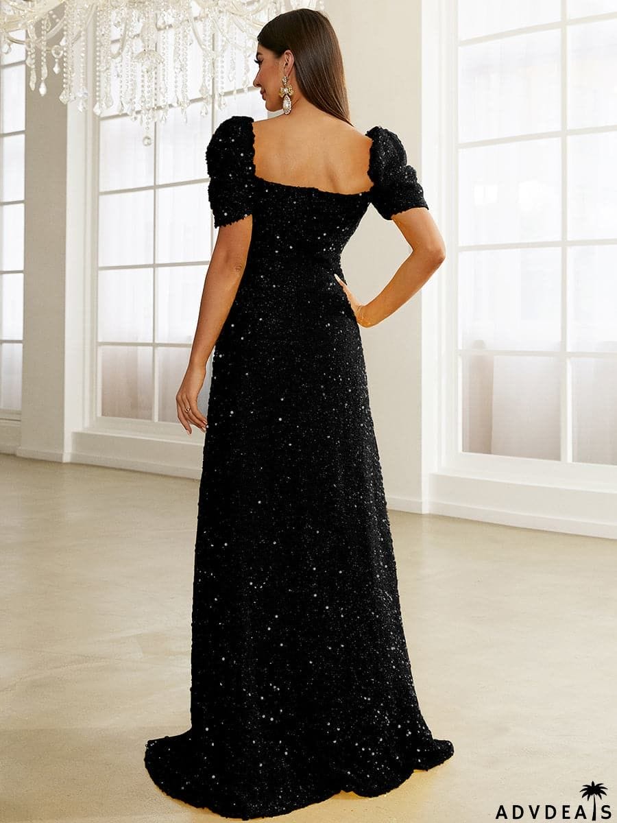 Light Yellow Floor Length Puff Sleeve Sequin Dress XJ1509