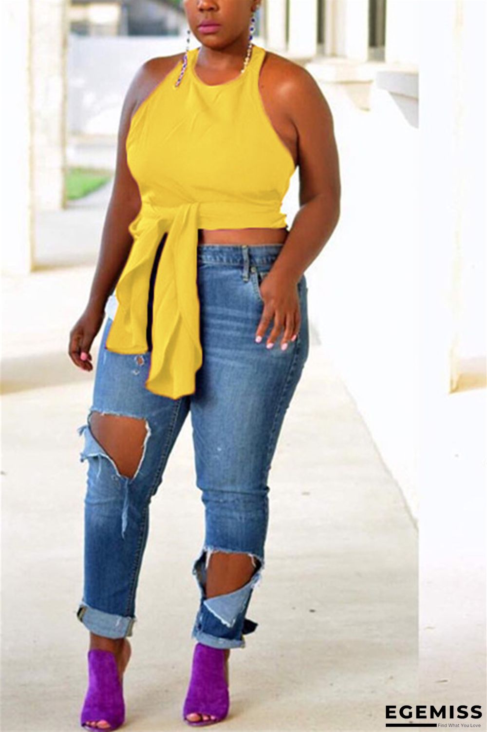 Yellow O Neck Sleeveless Patchwork asymmetrical Solid Tees & T-shirts | EGEMISS