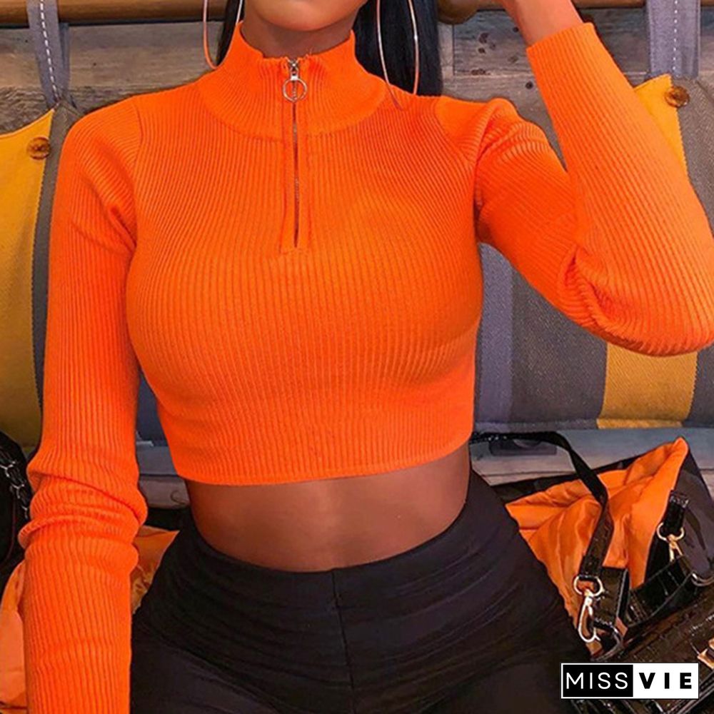 Autumn Fashion Women Crop Top Long Sleeves Zipper Crop Top