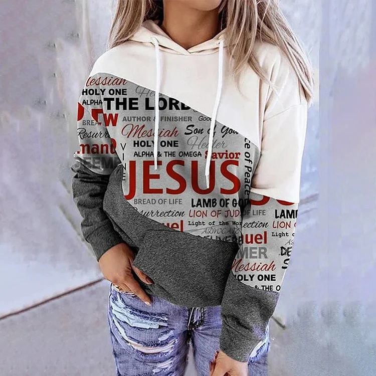 VChics Women's Jesus Print Colorblock Casual Hoodie