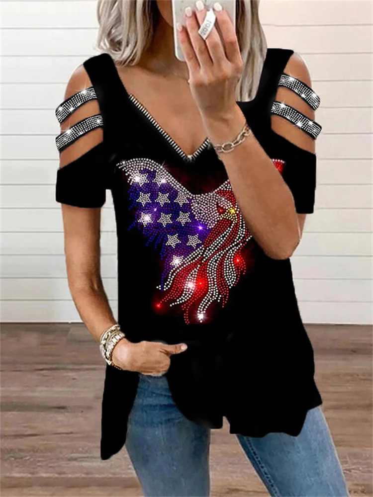 Independence Day Glittering Hollow Shoulder T Shirt