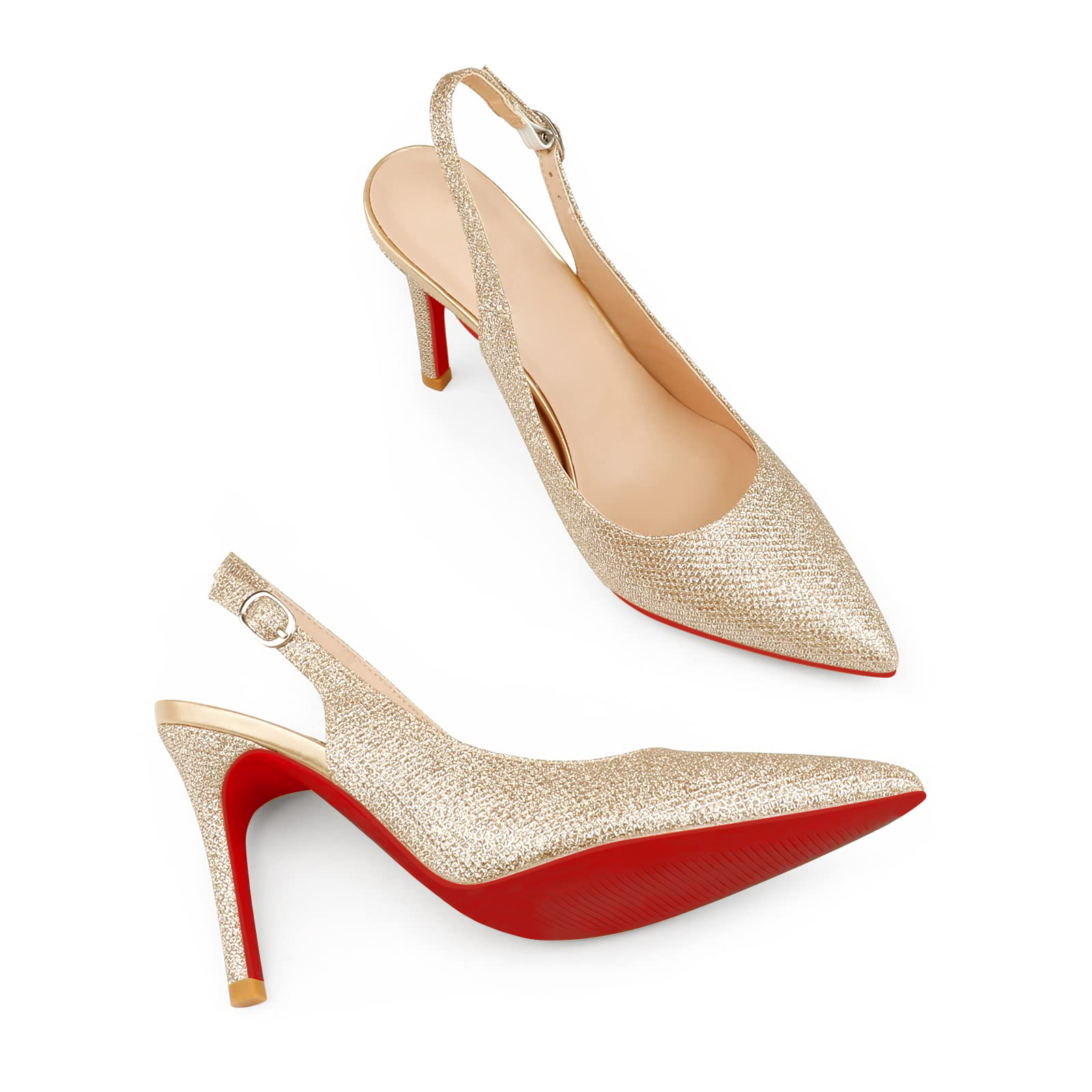 90mm Women's Mid Heels Red Bottoms Glitter Slingback Pumps  Daily Pointed Toe Party Wedding Sandals-MERUMOTE