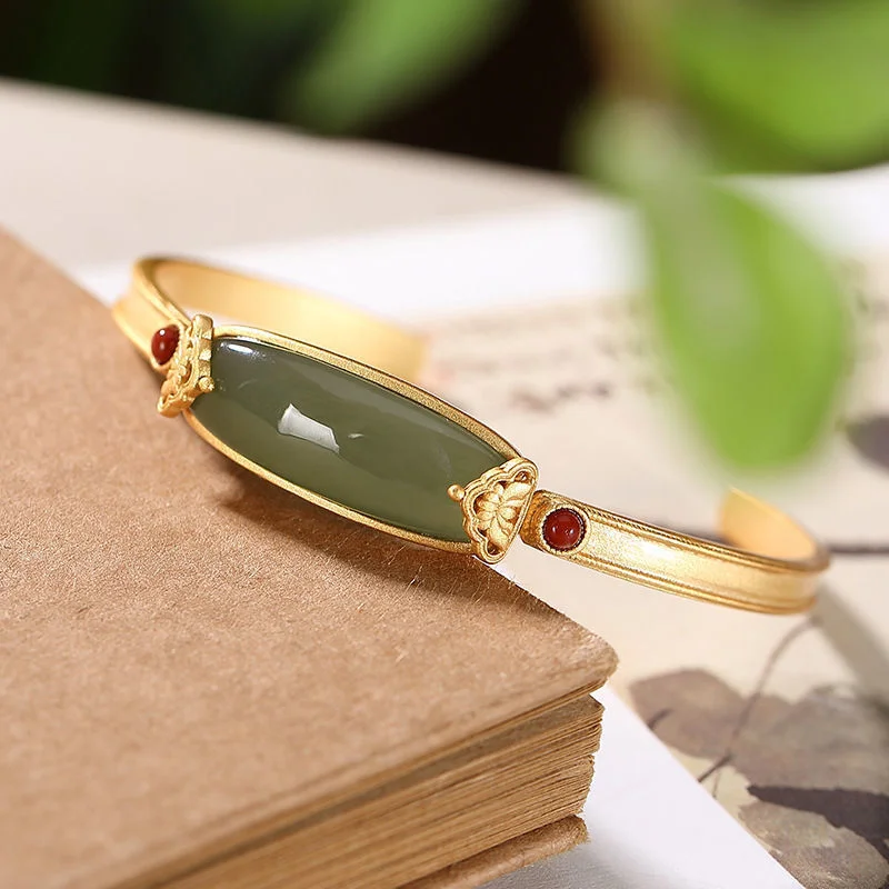 925 Sterling Silver Gold-Plated Andesine Jade Lotus Goddess Open Cuff Bracelet: A Versatile Accessory for Women with Antique Charm