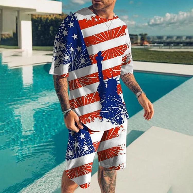 BrosWear Men'S Independence Day Statue Of Liberty Print T-Shirt And Shorts Co-Ord