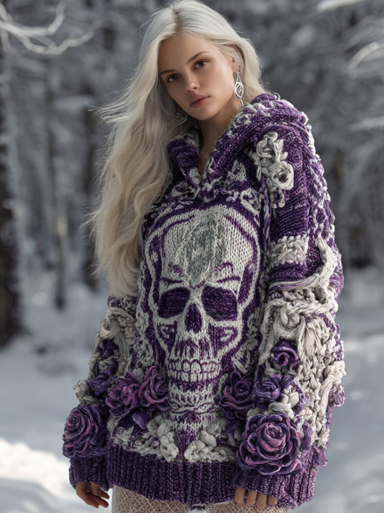 Halloween Skeleton Element Viking Style Women's Hooded Pullover Knit Sweater