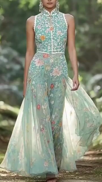 Style Green Mandarin Collar Floral Chiffon Party Dress Sleeveless