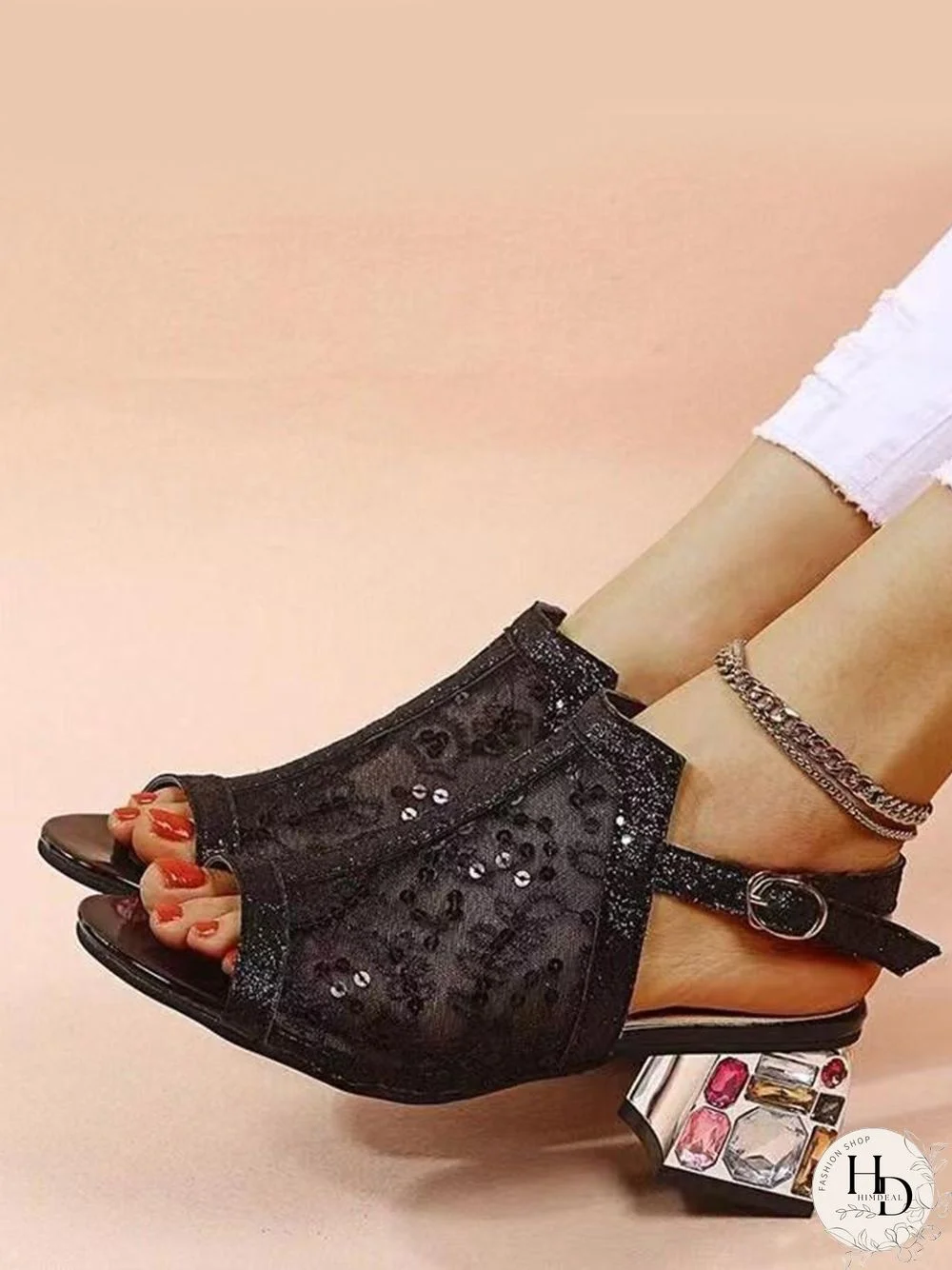 Mesh Sequined Fish Mouth Chunky Heel Sandals