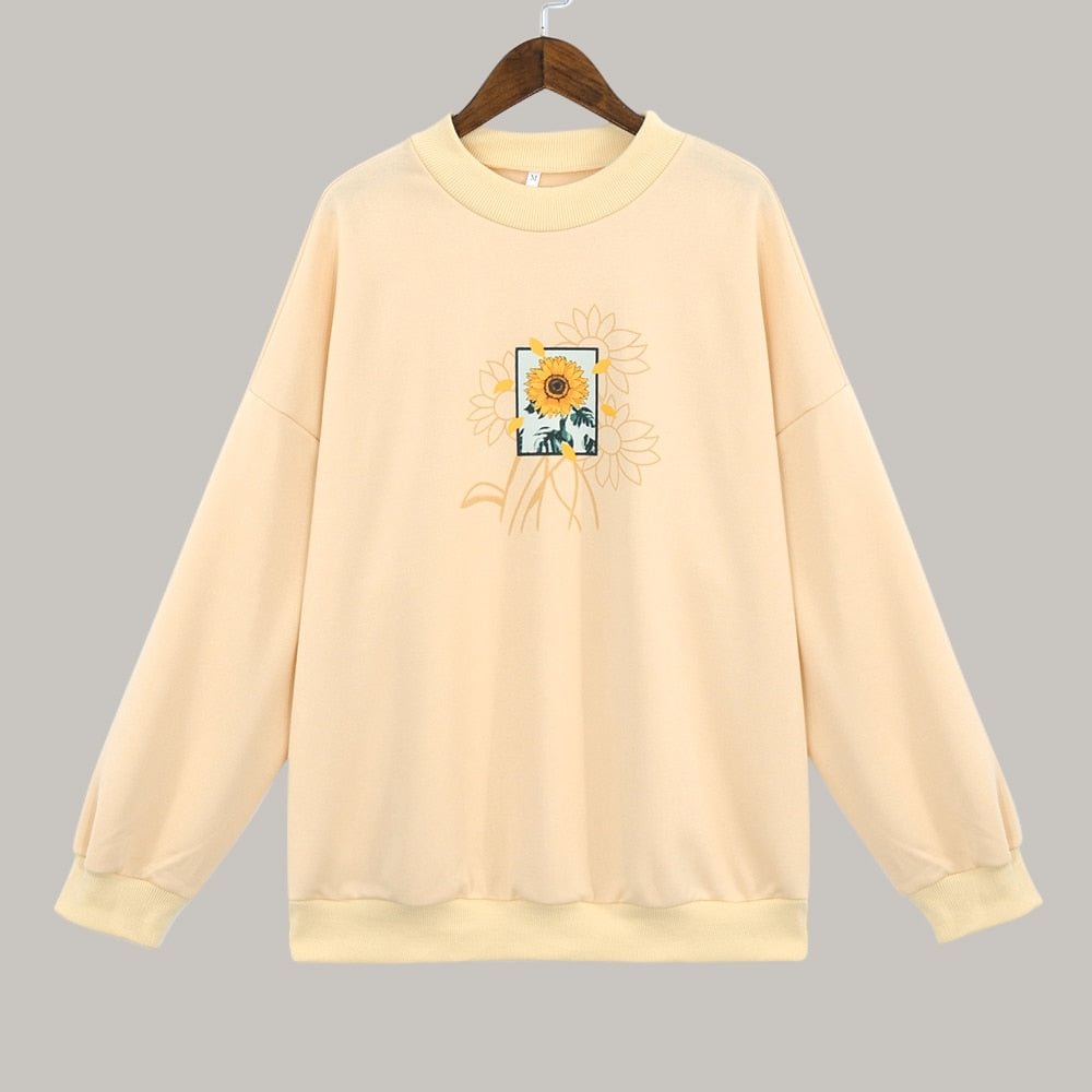 Women's Sweatshirt With Flower Print O-Neck 2022 Autumn Winter Female Casual Cute Yellow Clothes Woman Hoodies Loose Pullover