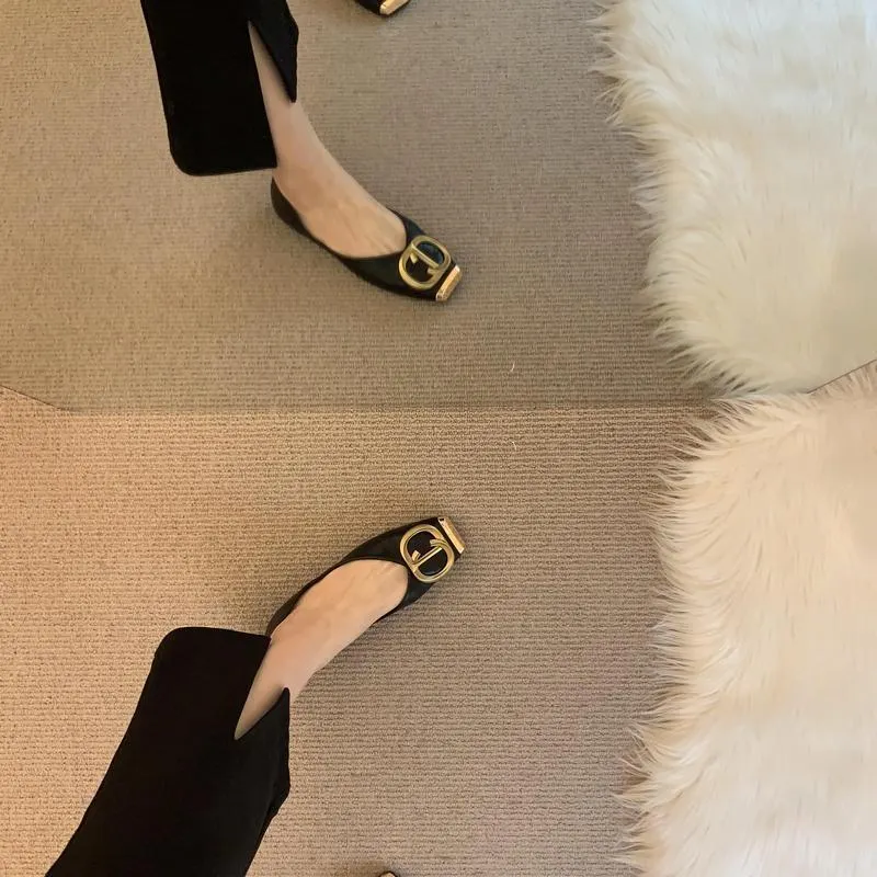 Churchf Churchf Women 2025 Spring New Design Sense Of Niche Soft Leather Light-Mouthed Metal Buckle Shoes Flat-Soled Grandmother Shoes