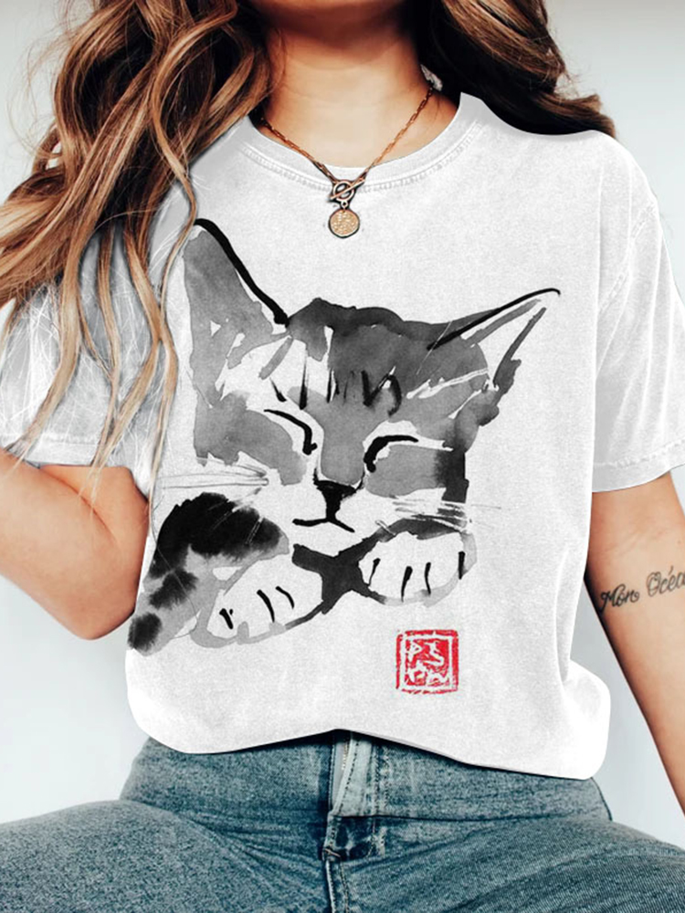 Comstylish Women's Sleepy Cat Casual T-Shirt
