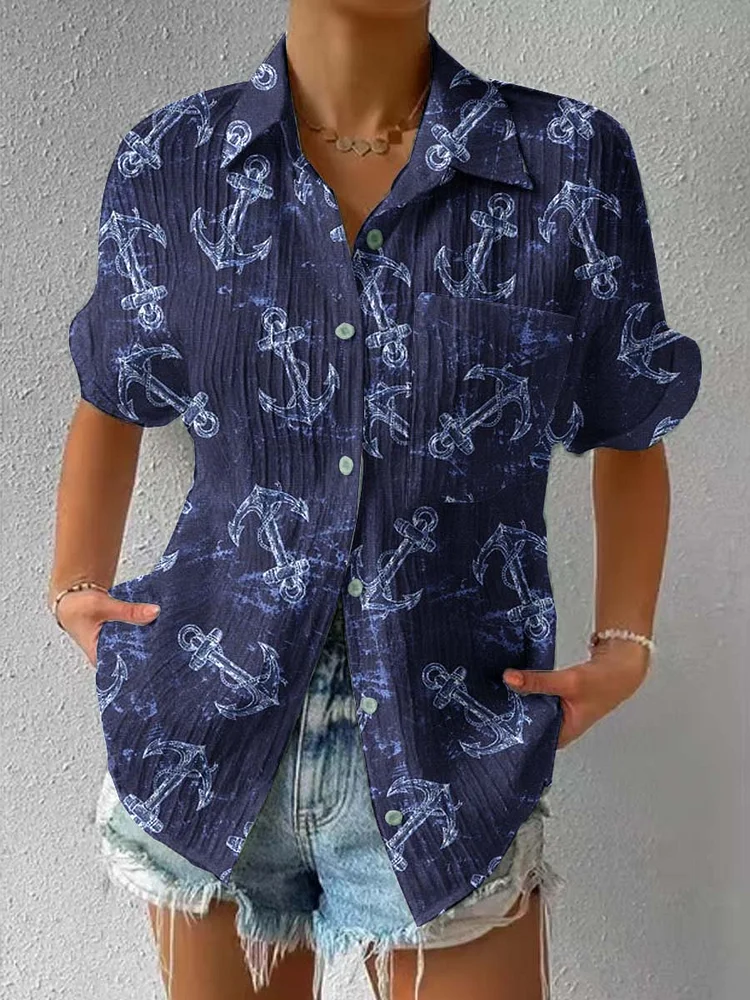 Womens Resort Style Patterned Short Sleeve Textured Shirt