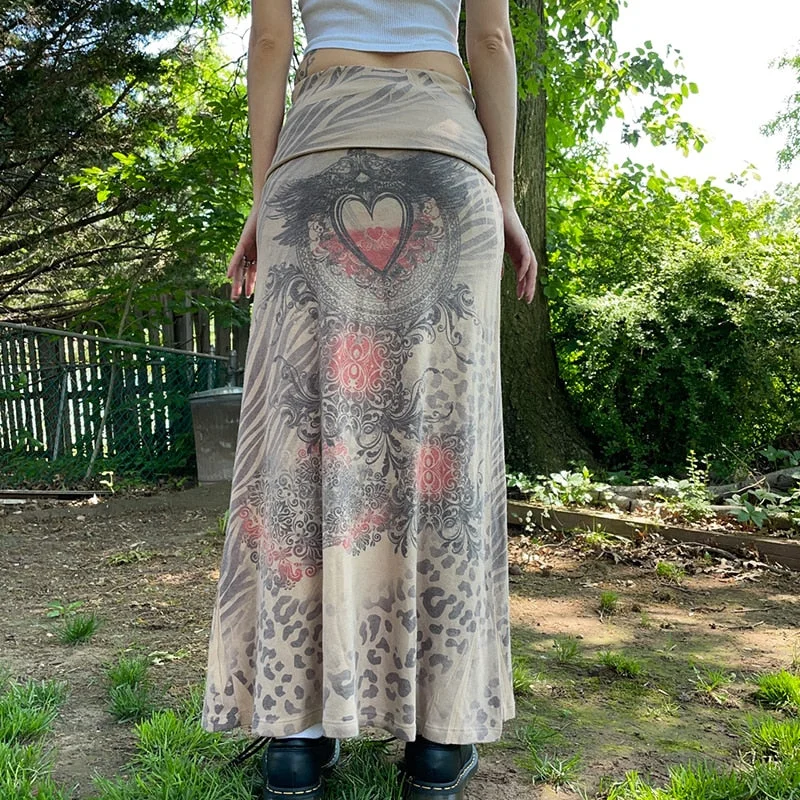 Rapcopter Graphic Print Midi Skirts Grunge Fairycore Pleated Long Skirt Vintage Kawaii Goth Black Skirts Women Khaki Vintage New