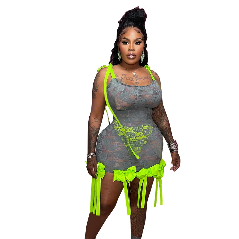 Uveng Uveng Women's Summer New Colored Ribbon Rose Lace Spliced Sleeveless Suspension Dress