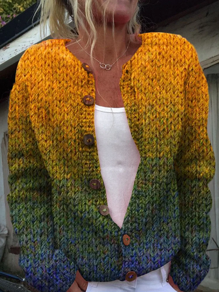 Retro Multicolor Art Print Buttoned Cardigan Sweater
