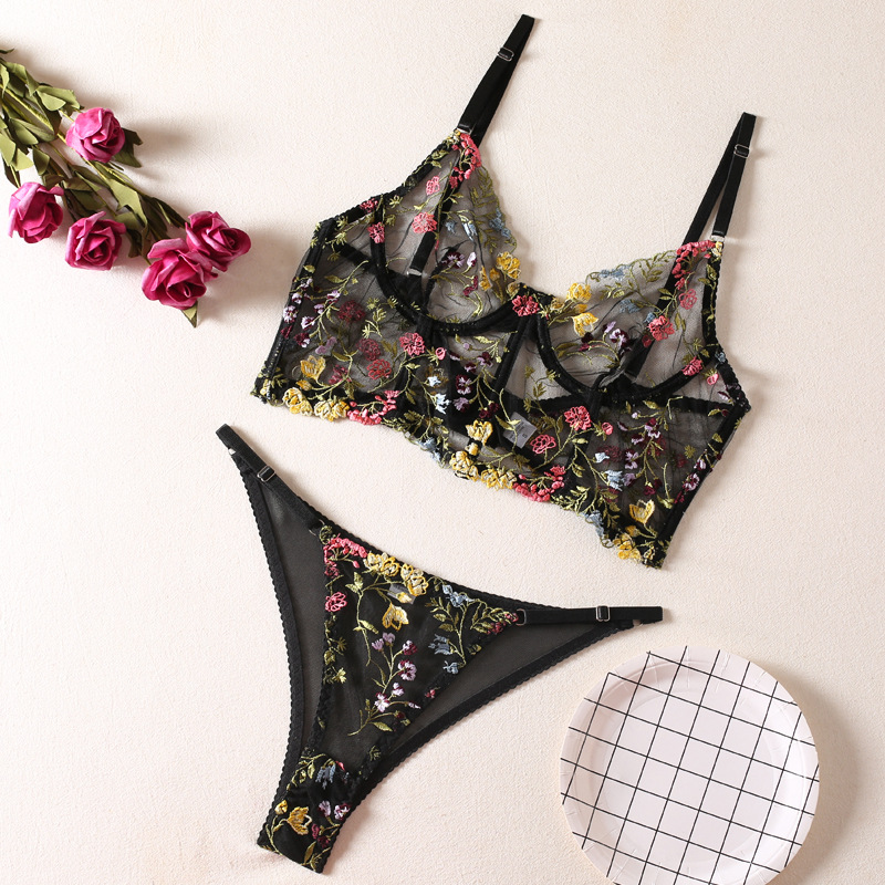 Lovingerie - Gorgeous Lingerie Set Underwire Boned Floral Seductive Thong with Thigh Straps