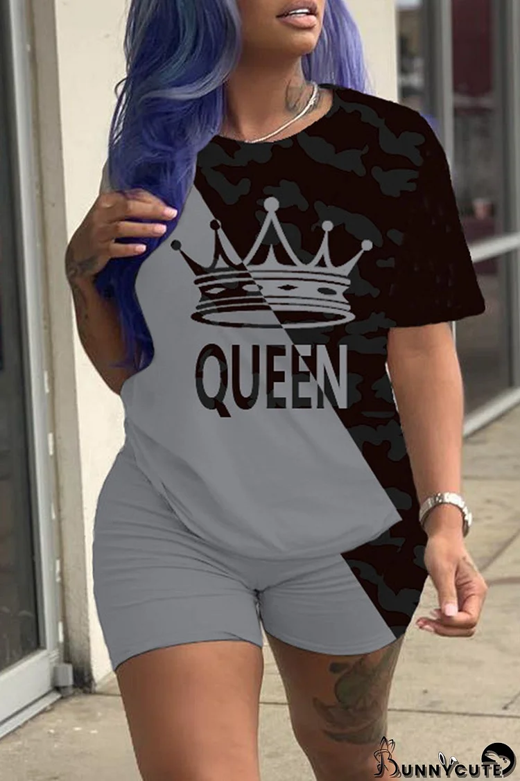 Black Gray Fashion Casual Print Basic O Neck Short Sleeve Two Pieces