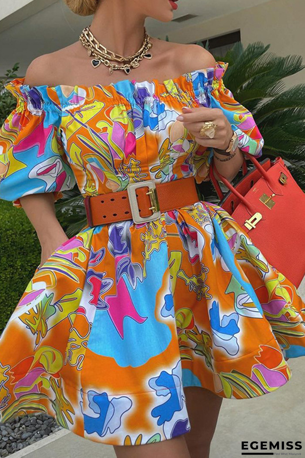 Tangerine Red Casual Print Patchwork Off the Shoulder Cake Skirt Dresses | EGEMISS
