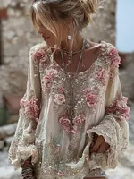 Women's Pink Rose Embroidery Art Round Neck Linen Blend T-shirt