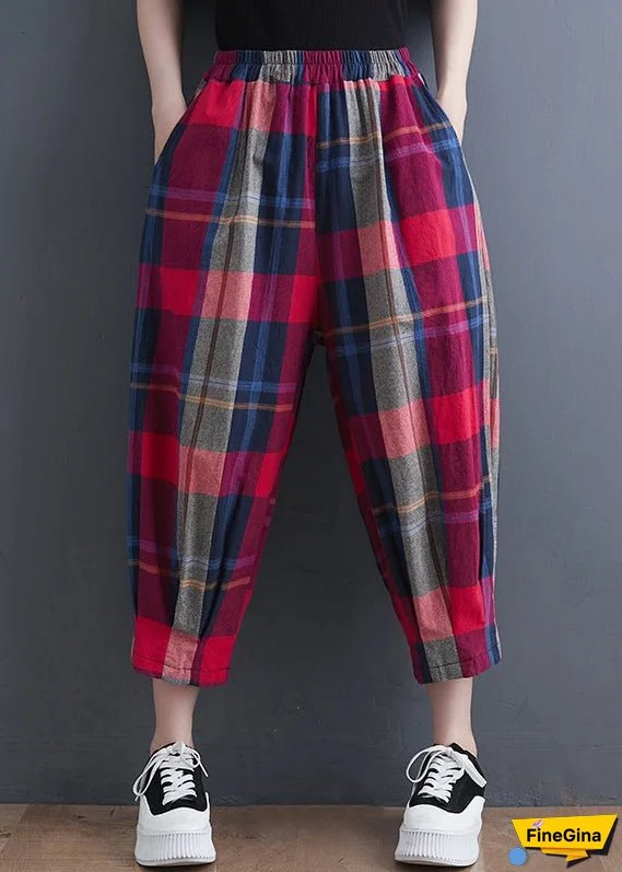 Plus Size Red Plaid Elastic Waist Cotton Crop Pants Summer