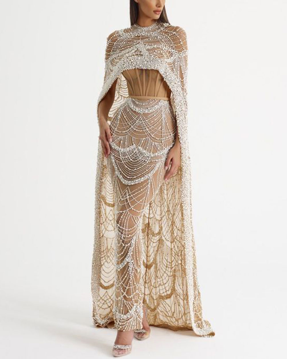 Elegant Crystal Rhinestone Cape Gown