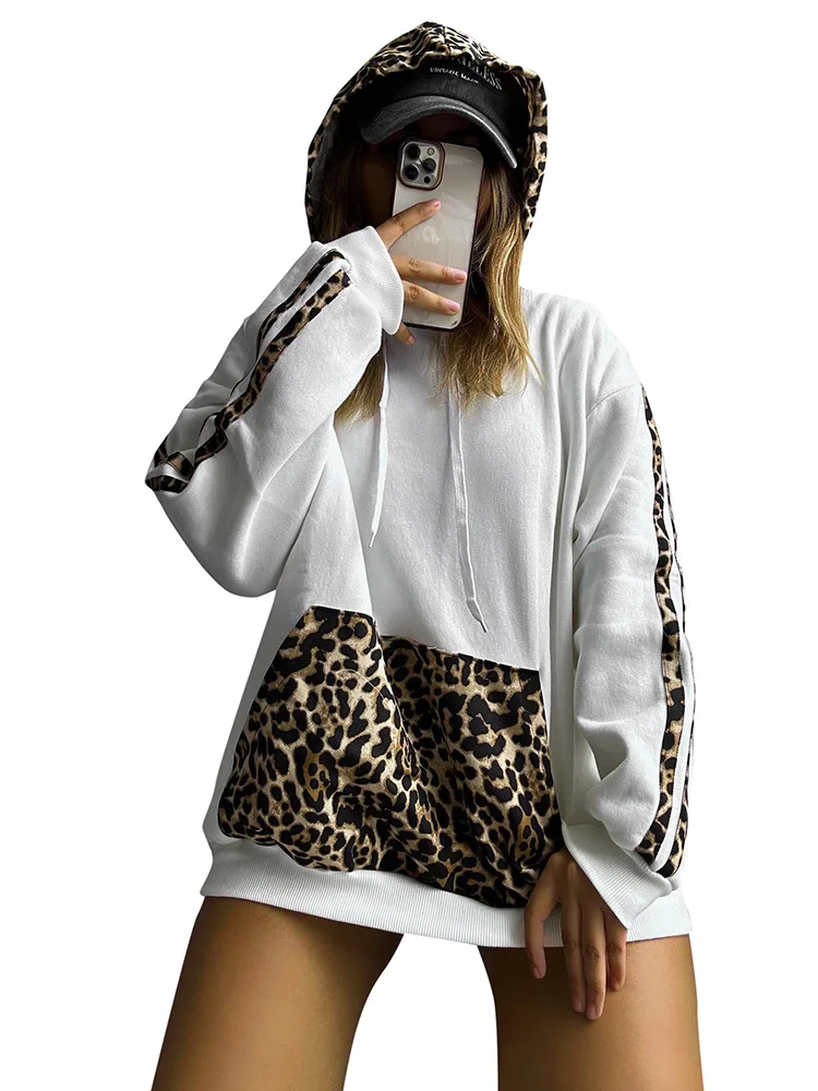 Uveng Uveng Has F24TP161 Women's Autumn And Winter New Leopard Splicing Drawstring Pocket Loose Casual Hooded Jacket