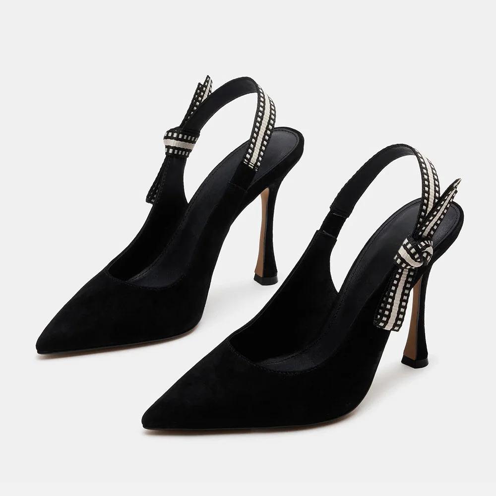 Pointed Toe Stiletto High Heel Slingback Black Pumps with Bow
