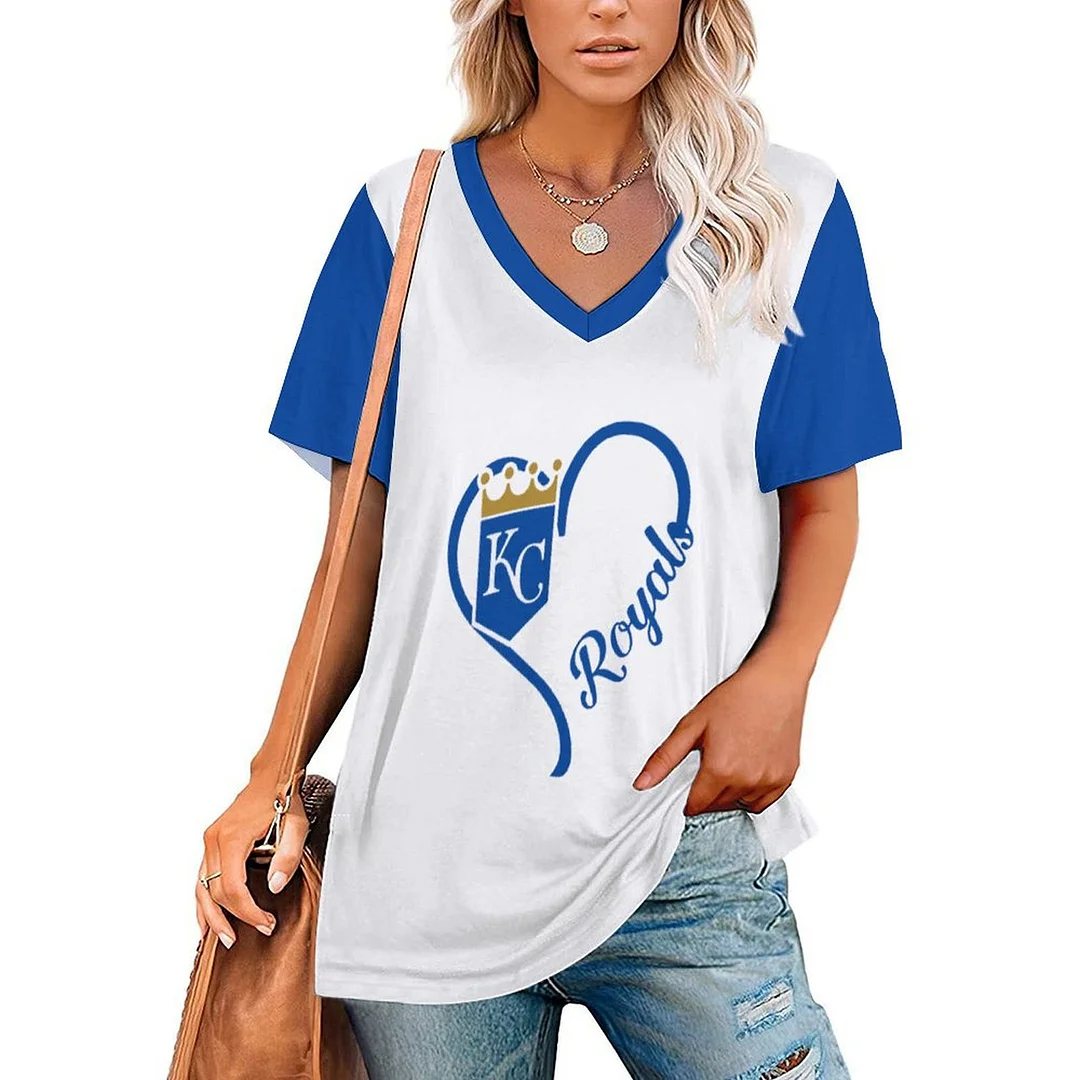 V-neck Short Sleeve Casual T-shirt for  Women Printed with Pattern,Blue,Light Blue,Gold,White