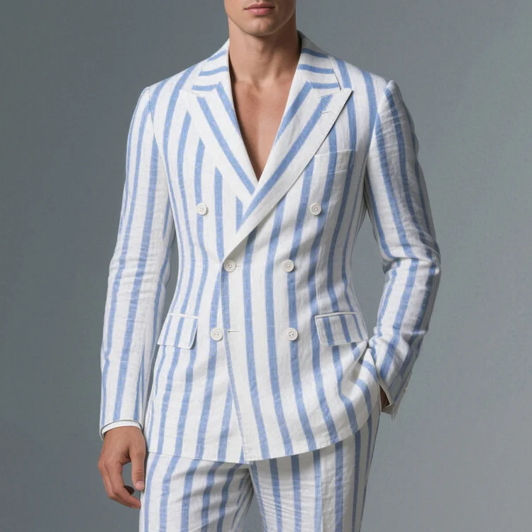 Okaywear Peaked Lapel Long Sleeve Double Breasted Blue Stripe Blazer 