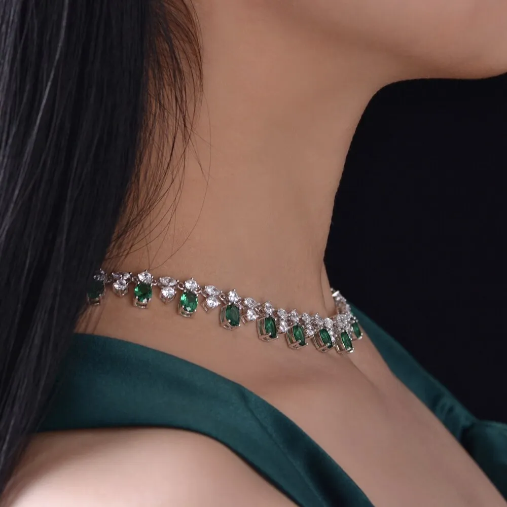 Bohemia 925 Sterling Silver 5*7MM Pear Created Moissanite Emerald Gemstone Chain Necklace For Women Fine Jewelry Gift