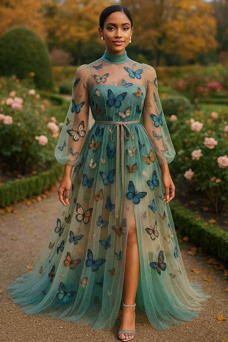 Illusion Mock Neck Butterfly Print Mesh Party Maxi Dresses-Green [Pre Order]