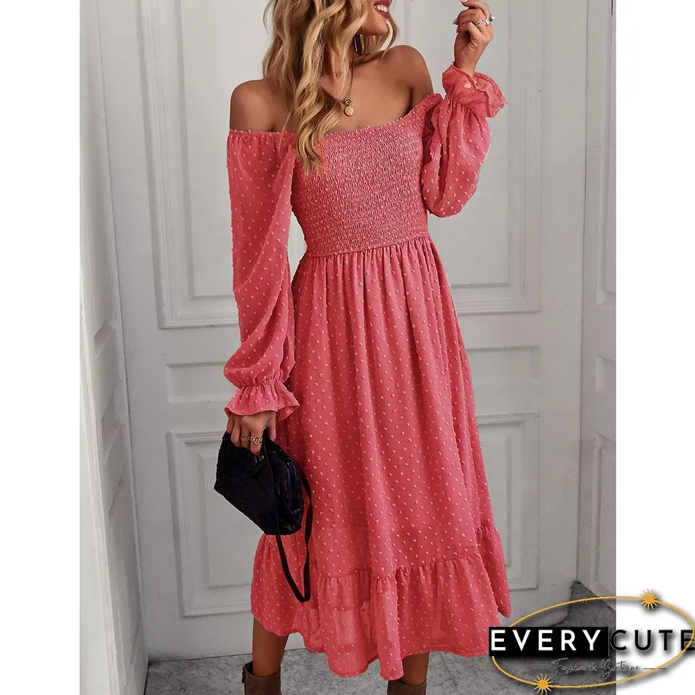 Watermelon Red Square Neck Pleated Swiss Dot Long Sleeve Dress