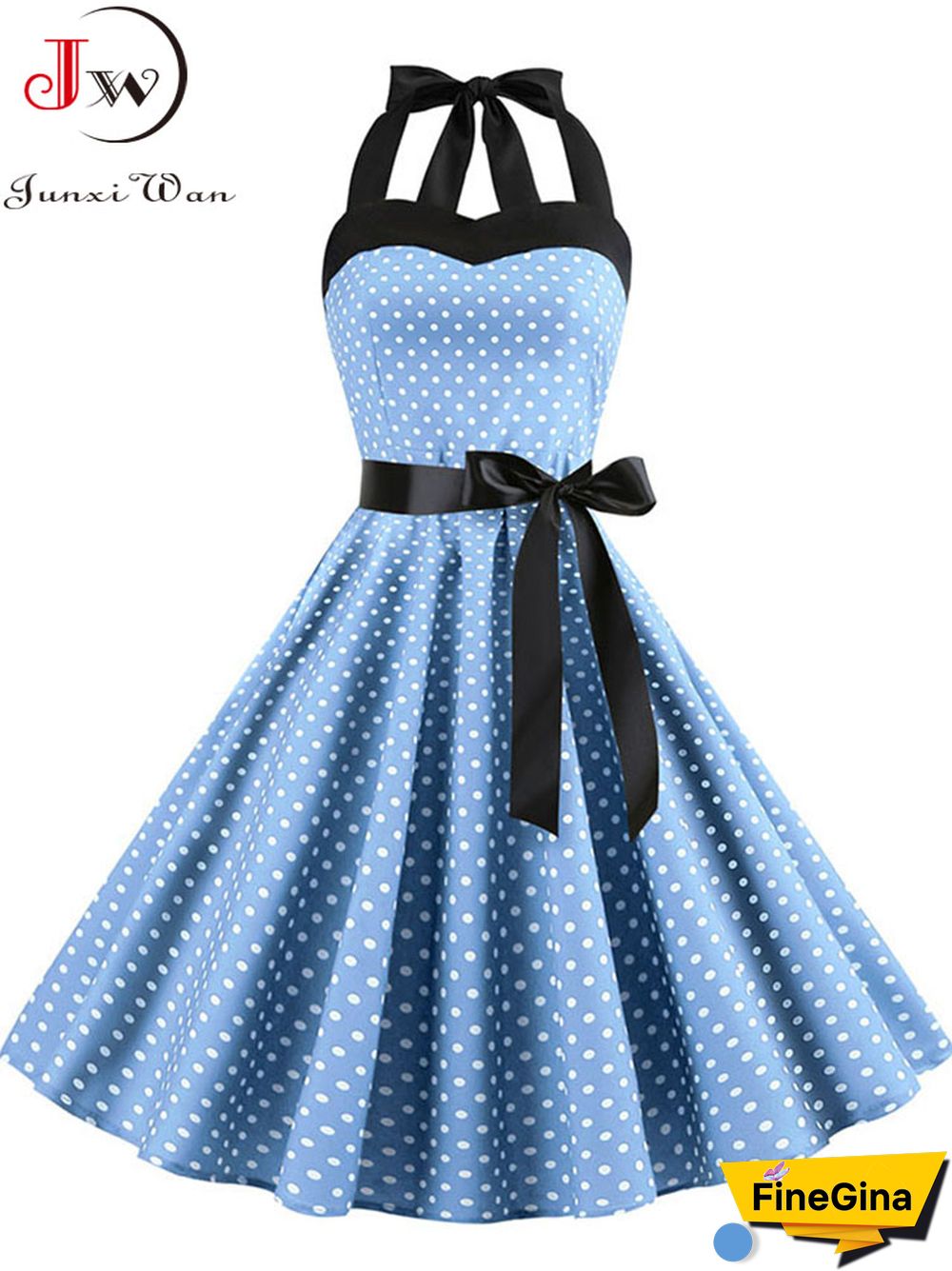 Sexy Halter Party Dress Retro Polka Dot Hepburn Vintage 50s 60s Pin Up Rockabilly Dresses Robe Elegant Midi Dress