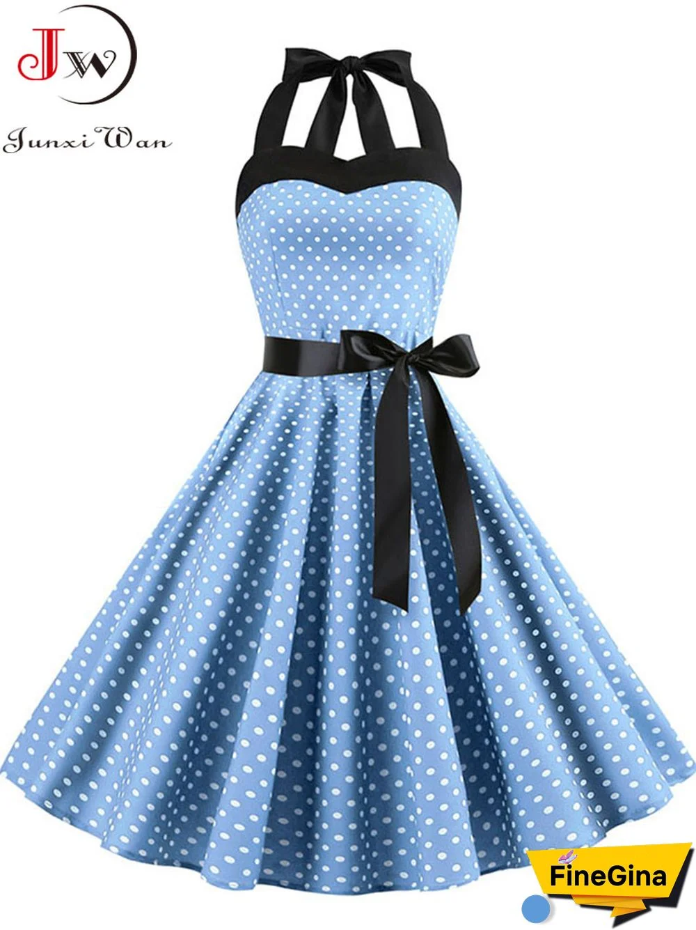 Sexy Halter Party Dress Retro Polka Dot Hepburn Vintage 50s 60s Pin Up Rockabilly Dresses Robe Elegant Midi Dress