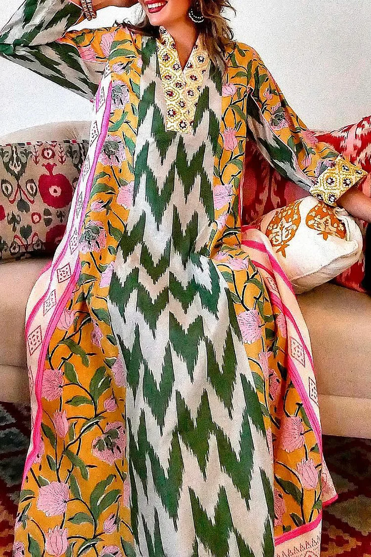Multicolor Tribal Floral Print Long Sleeve V Neck Loose-Fit Maxi Dresses