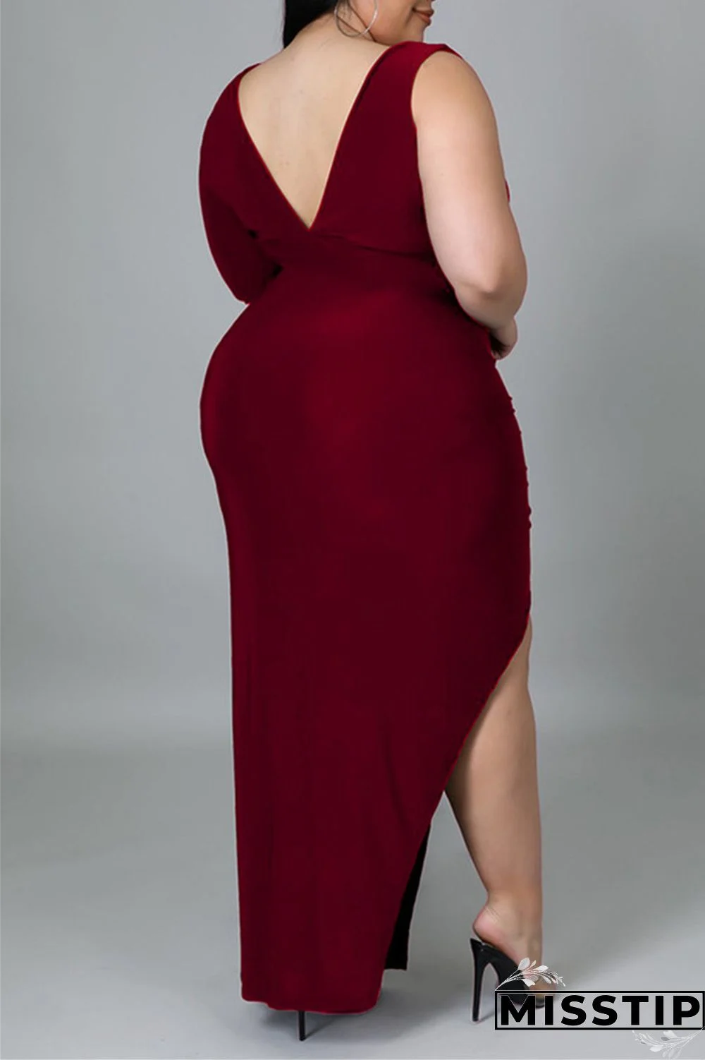 Black Fashion Casual Solid Hollowed Out Slit V Neck Long Sleeve Plus Size Dresses