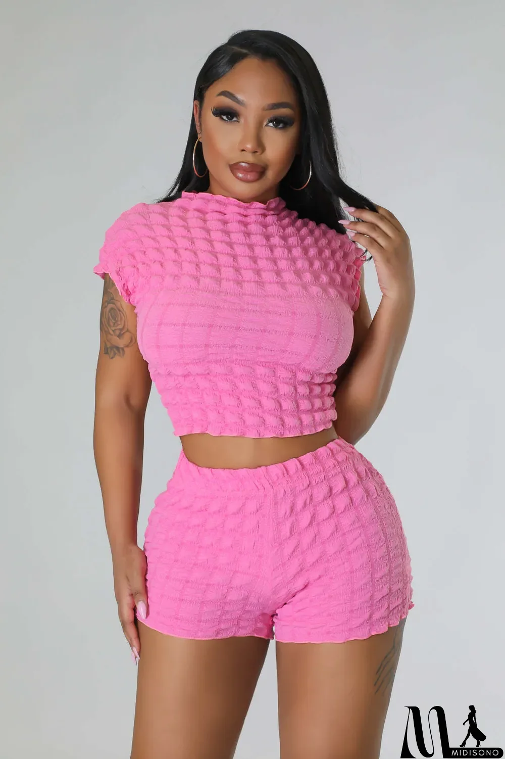 MidiSono - Women Casual Popcorn Sleeveless Top Short Two-Piece Set