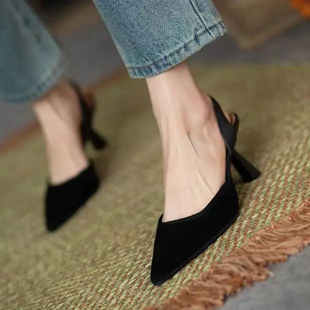 Gamezstake French Retro 5cm High-heeled Women's Shoes Sandals Pointed Toe Lattice Side-space High-heeled Shoes New Fashion Single Shoes