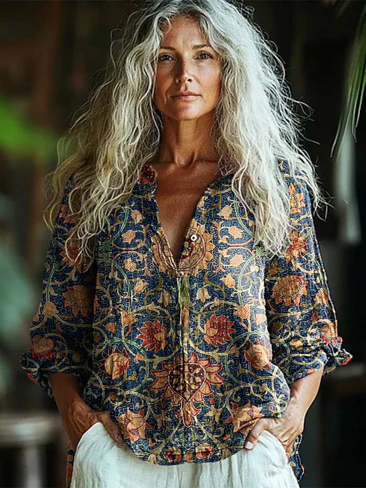 Bohemian Style Holland Park Morris Floral Linen Print  Long Sleeve Shirt