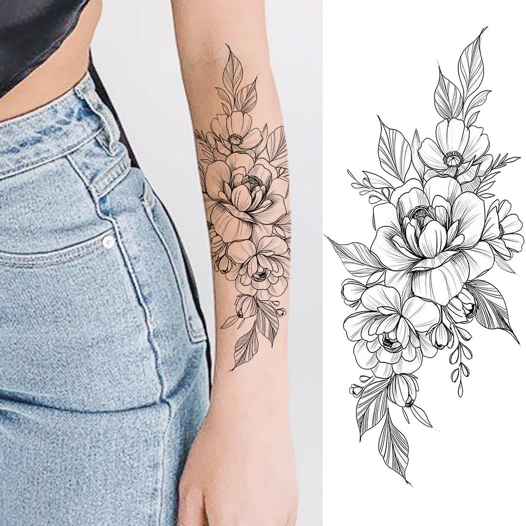 Black Rose Flower Snake Temporary Tattoos For Women Adult Peony Serpent Fake Tattoo Forearm Body Art Painting Waterproof Tatoos