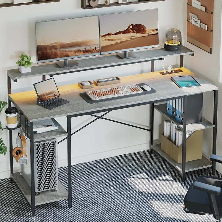 Bestier Gaming Desk with Power Outlets & LED Light 55" Computer Desk Corner Desk with Monitor Stand