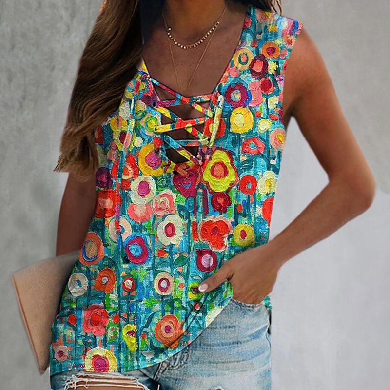 Flowers Oil Painting Print Lace-up Women's Vest